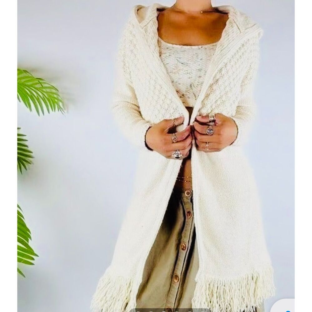 GAP longline hooded cardigan sweater bohemian waffle knit oatmeal beige women S